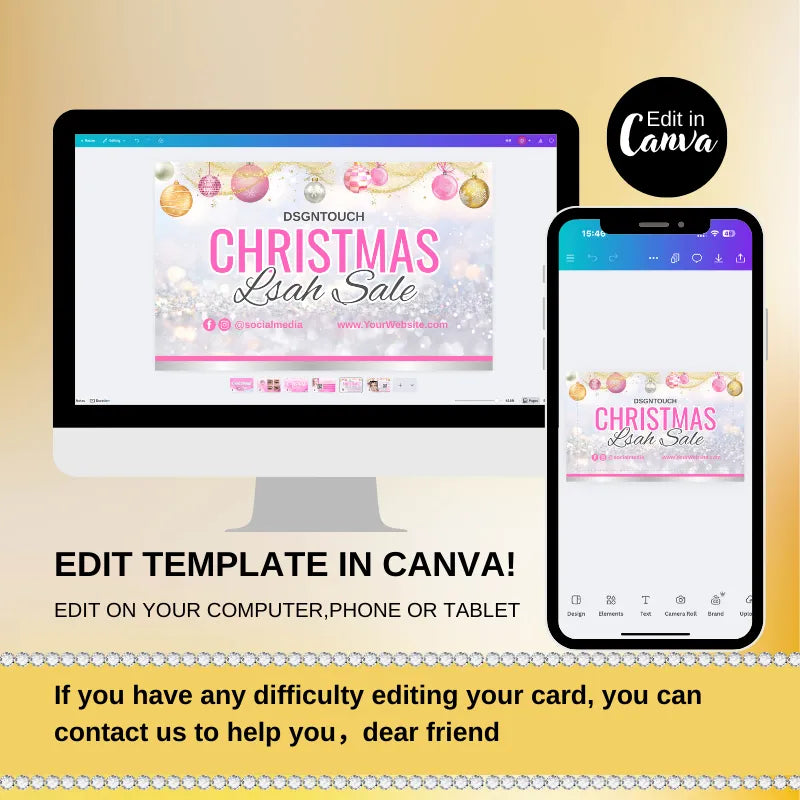 Editable Christmas business cards for lash studios displayed on computer and mobile device, easy editing in Canva.