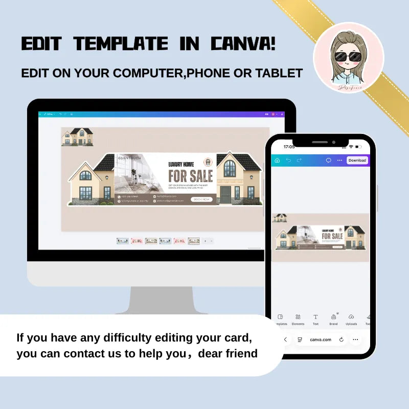 House cleaning business cards template shown on computer and phone, editable in Canva for easy customization.