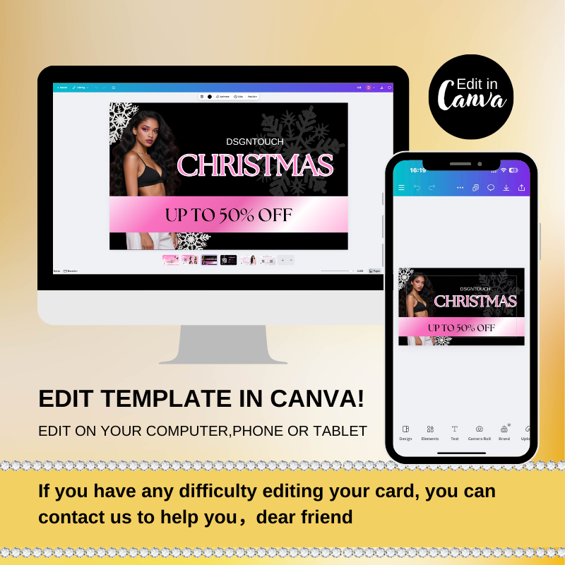 Close-up view of the editable Christmas business card template showing customizable fields for phone, social media, and address