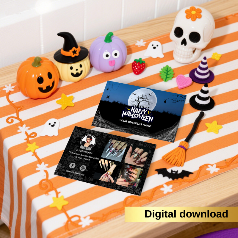 Realistic mockup of a Halloween nail salon business card held in hand, showcasing how the final printed template will look.