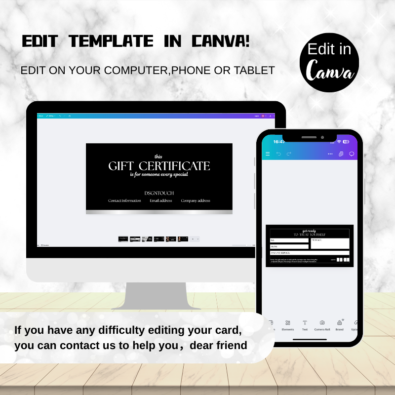 A screenshot showing how to easily customize the Gift Certificate Template Word style design using the Canva editor.