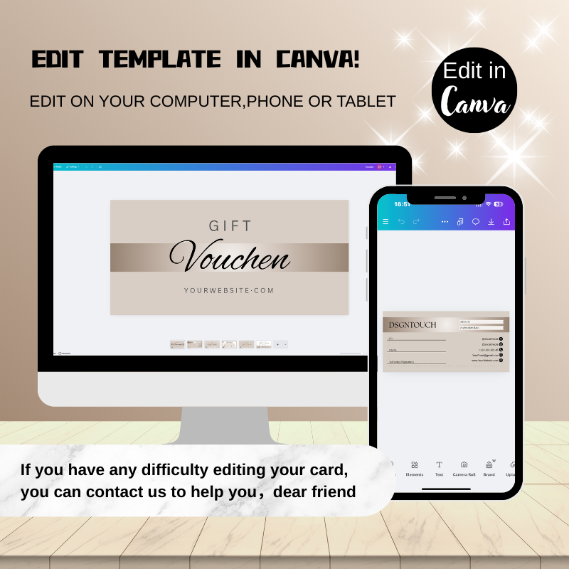 Editing the beige gift certificate templates in the user-friendly Canva interface on a laptop.