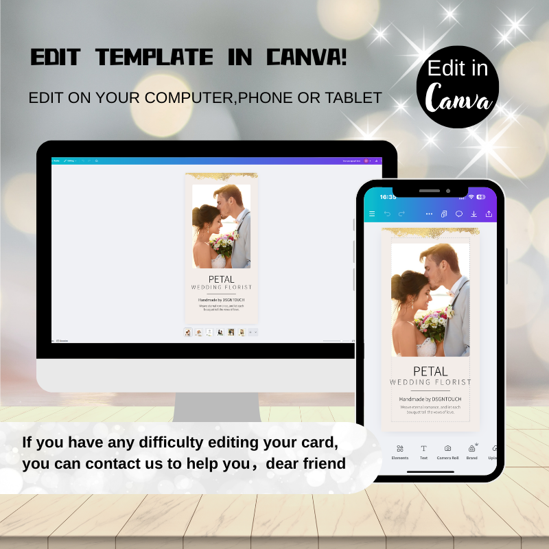Editing the DSGNTOUCH wedding postcards template inside the user-friendly Canva editor on a laptop screen.