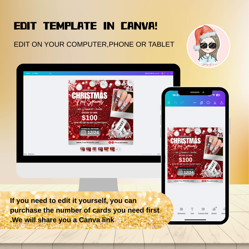 Example of free design service for Christmas cards showing custom nail salon branding and holiday messaging