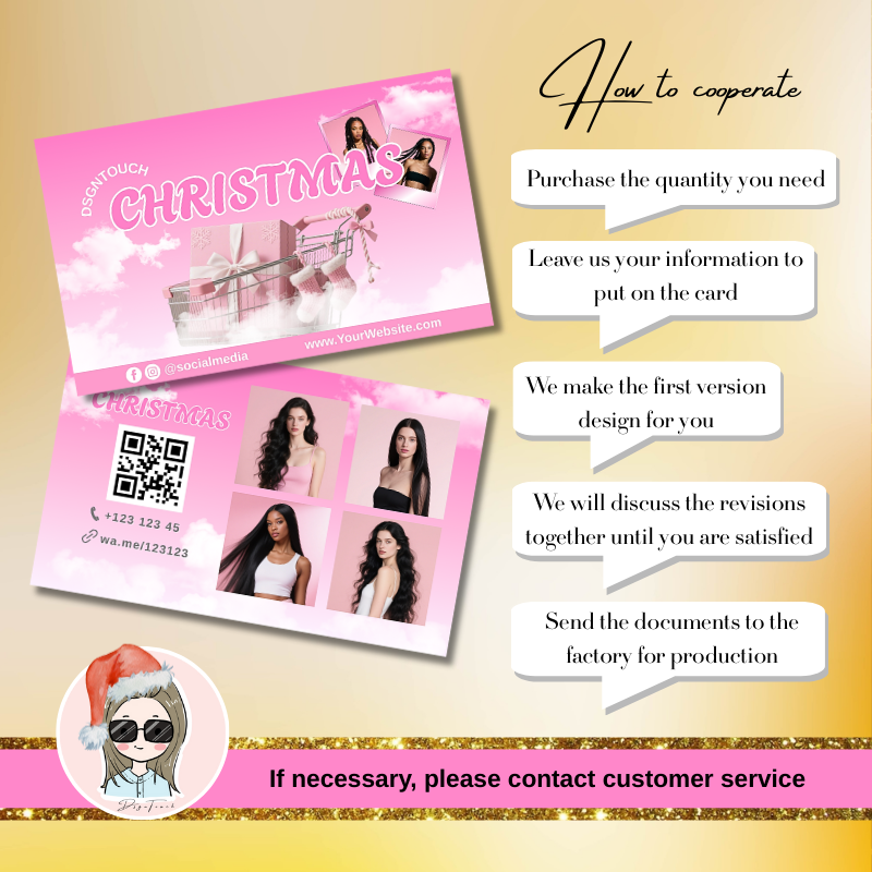 Close-up front view of the finished Christmas business card featuring a bold 'UP TO 50% OFF' promotion for salons, showing sharp print quality