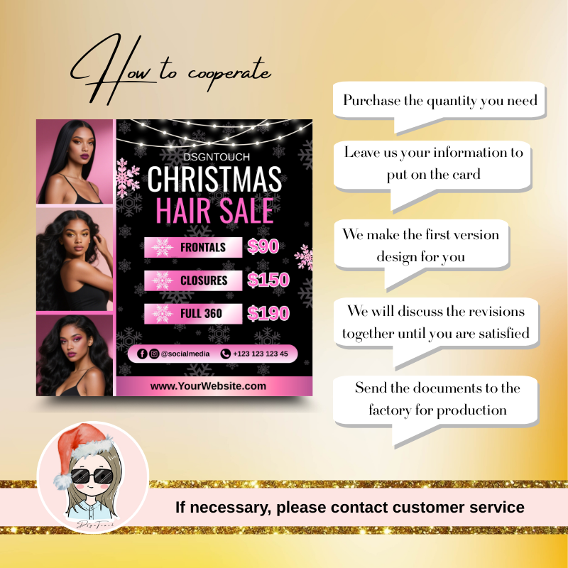 Customizable pricing section on square Christmas card for salon services like Frontals ($90), Closures ($150), and Full 360 ($190).