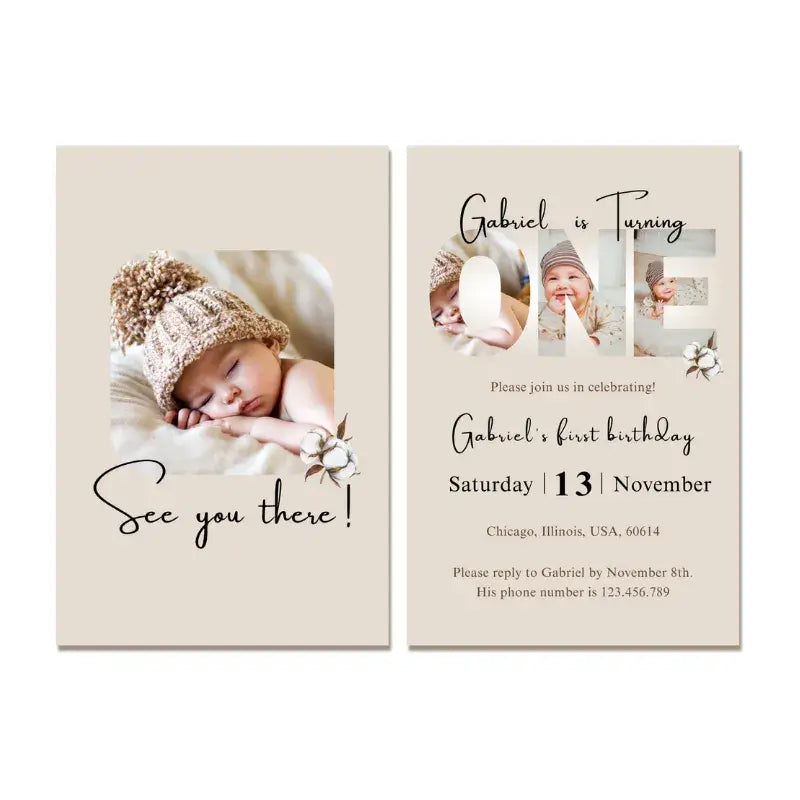 “Gabriel‘s First Birthday” invitation card example, showcasing designs you can get for free.