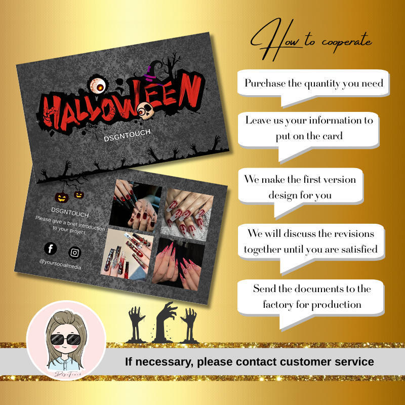Close-up side view of glossy laminated Halloween business cards, showing the thick cardstock and reflective, premium shine that protects the design.