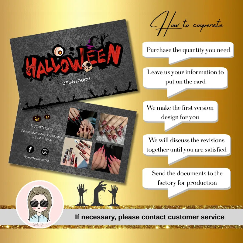 Halloween business cards design with instructions for customizing and ordering from DSGNTOUCH.