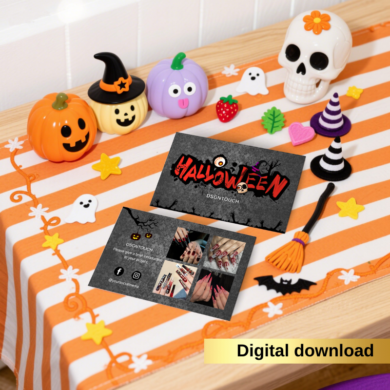 Fully customizable Halloween business card template for nail salons, showing a spooky design with editable text, photos, and QR code.