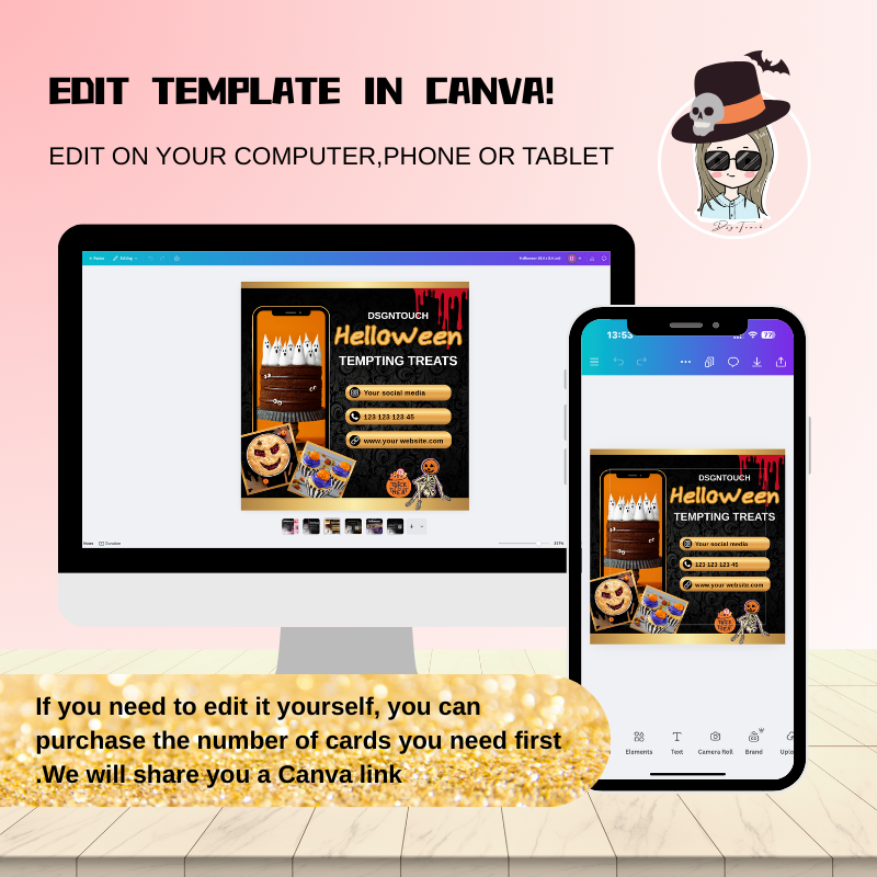 DSGNTOUCH Halloween square cards shown in two standard sizes: 9x9cm and 10x10cm