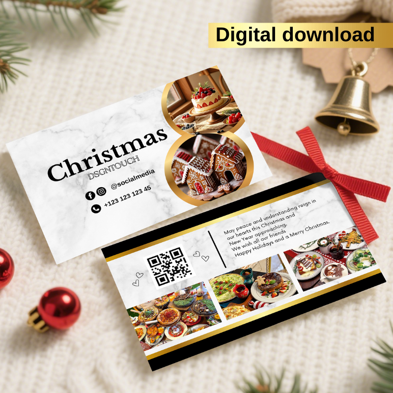 Close-up of the heartfelt Christmas message on the bakery card template, reading "May peace and understanding reign in our hearts this Christmas".