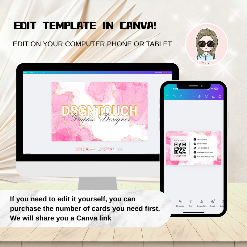 Step-by-step view of the Canva editor showing how simple it is to create and customize your own pink business card design online.