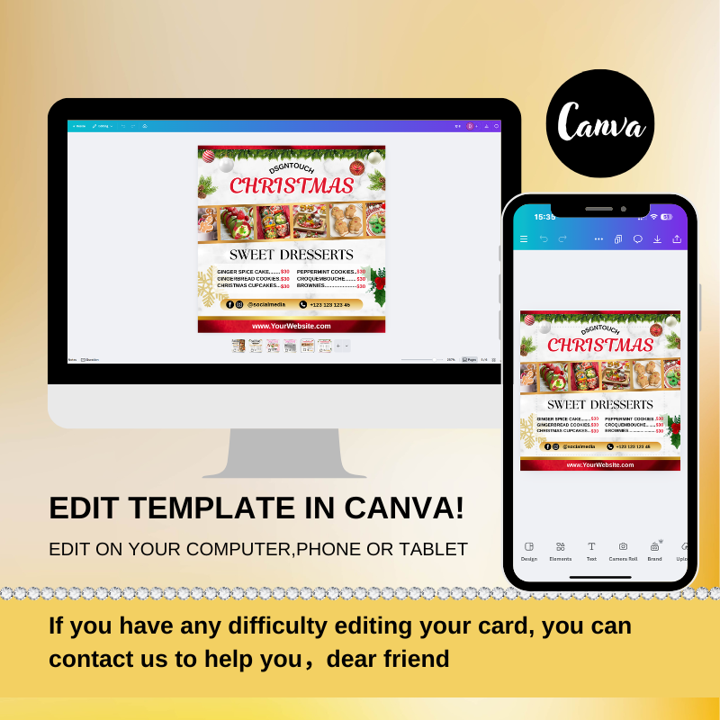 Instructions text showing that this red and green Christmas menu card template is easy to edit in Canva on any computer, phone, or tablet.