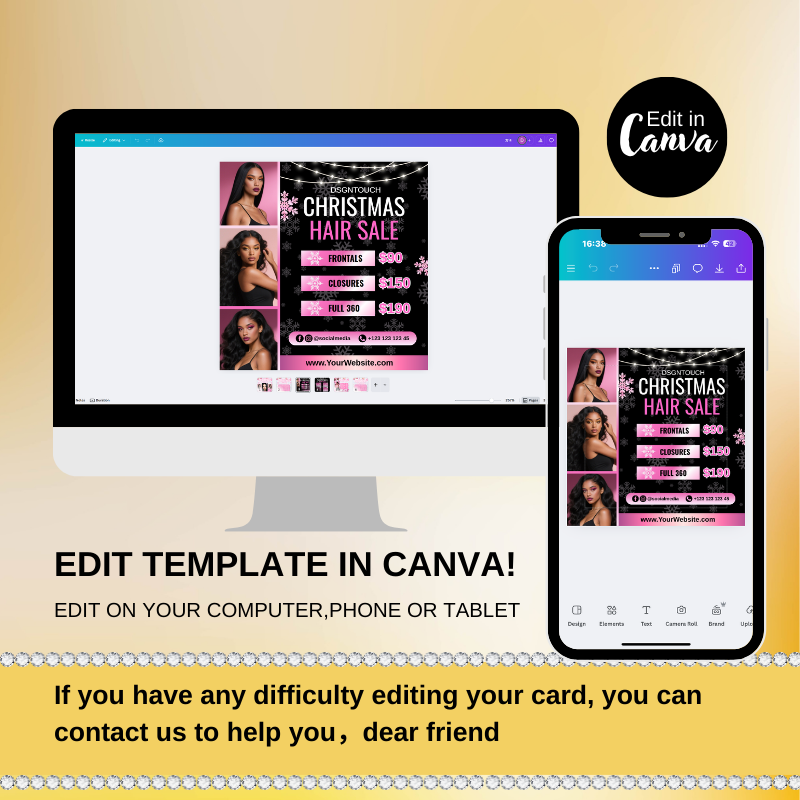 Instructions on how to easily edit the square Christmas salon card template in Canva on any device, with an offer of support.