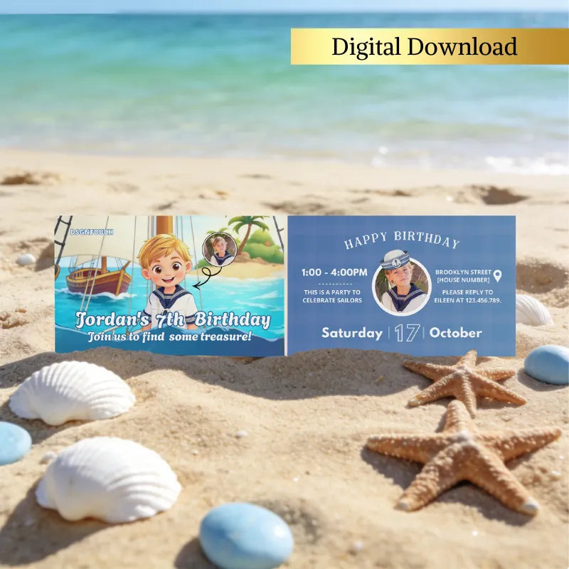 Customizable 'Treasure Hunt' Nautical Birthday invitation template. Edit details like name, time, and place for your child's unique nautical theme celebration.