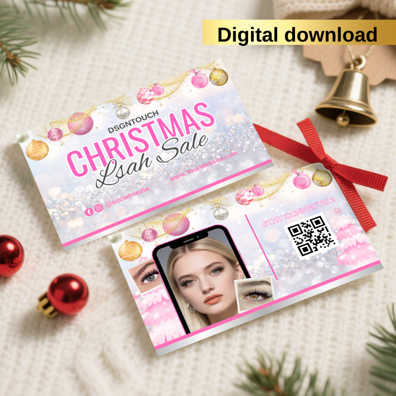 Mockup of a finished Christmas business card - for a lash technician on a mobile phone screen - blush and silver design by DSGNTOUCH