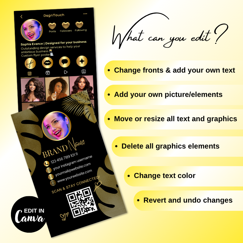Editable digital business card template showcasing customization options like text, graphics, and QR code for easy sharing.