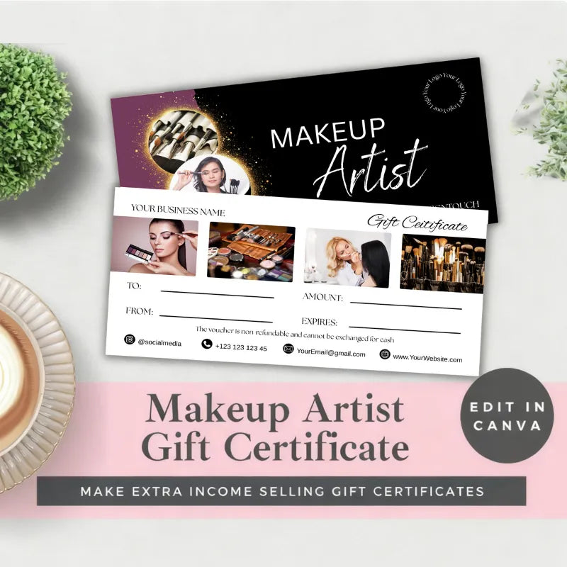Makeup artist gift certificate mockup with purple & black gold design. Digital download gift certificate ideas