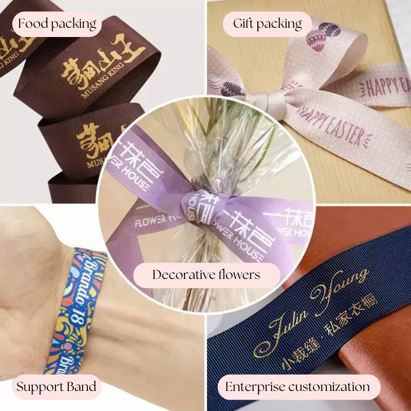 Custom printed ribbon use cases: food packaging (brand logos), gift wrapping (holiday messages), decorative flowers, support bands, and enterprise branding (clothing labels).