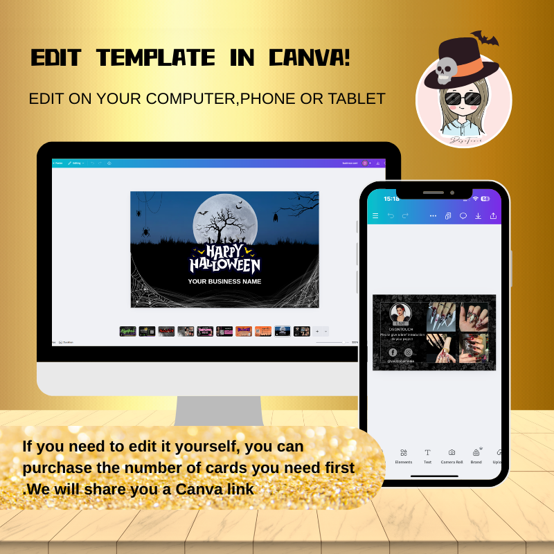 Front design of a Halloween business card for nail studios, featuring dark blue colors, bats, webs, and space for salon name and phone number.