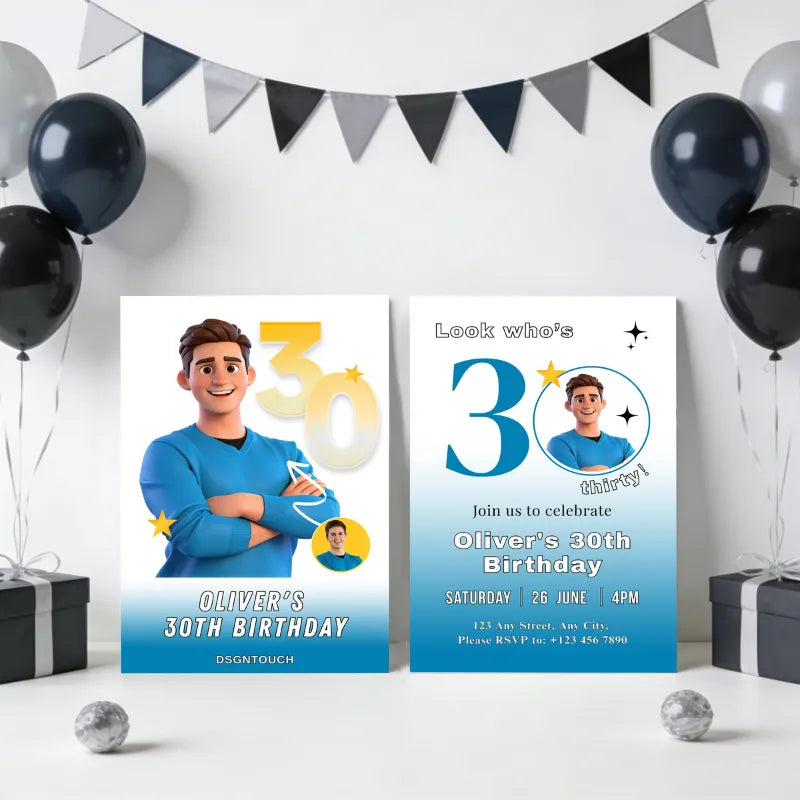 Invitation 30 custom birthday card for him featuring masculine designs and vibrant colors by DSGTNTOUCH.