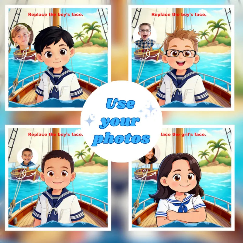 How to customize: Replace the cartoon child's face with your own photo to create a personalized nautical birthday invitation.