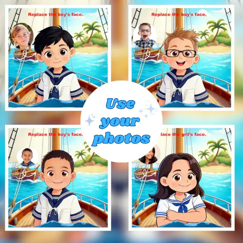 How to customize: Replace the cartoon child's face with your own photo to create a personalized nautical birthday invitation.