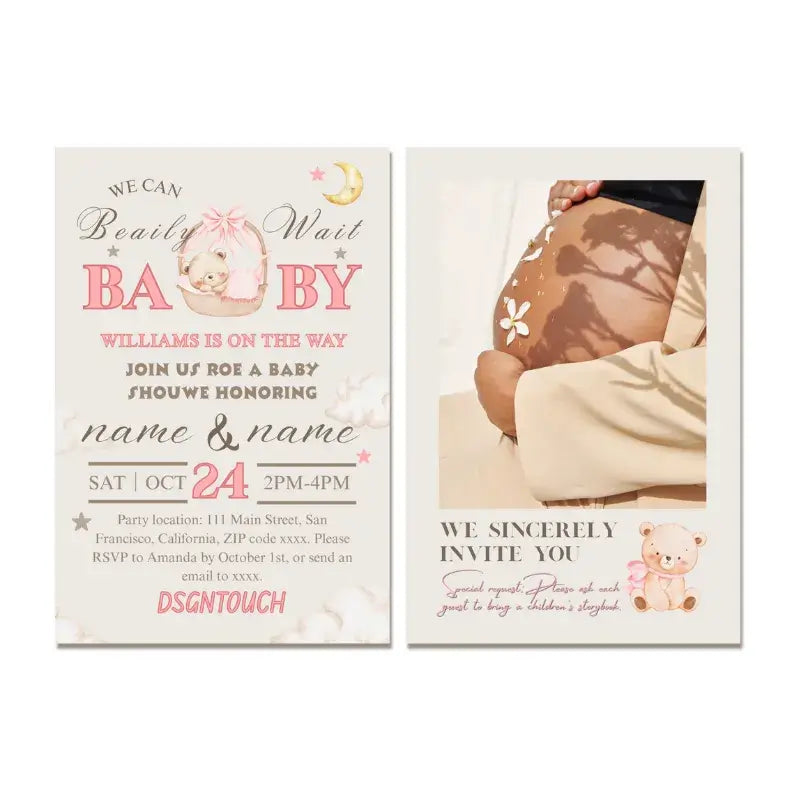 Pink Baby Shower Invitations featuring cute baby designs and event details, printed on 300g card stock.