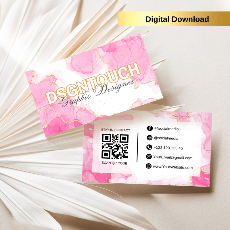 Modern Pink Business Card Template with QR Code and social media icons, editable in Canva.
