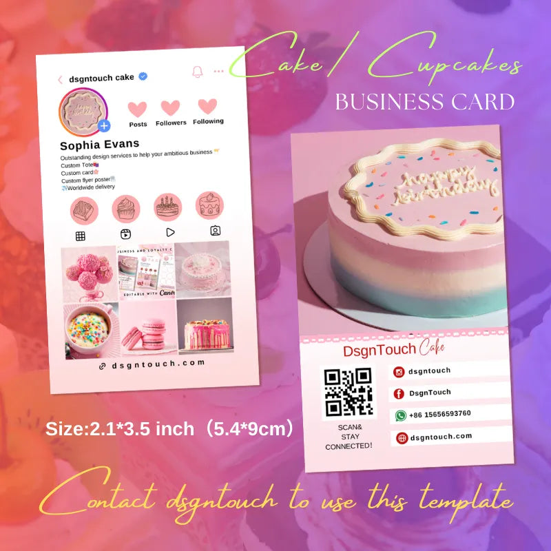 Pink macaron-inspired bakery template set (2.1x3.5 inch): Instagram profile mockup (showcasing pastries) + matching business card with QR code for social connection.