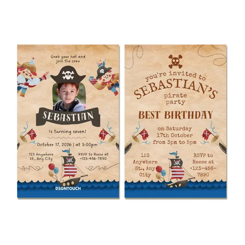 Birthday Card Kid custom pirate themed card for Sebastian's birthday, featuring a photo and nautical design.