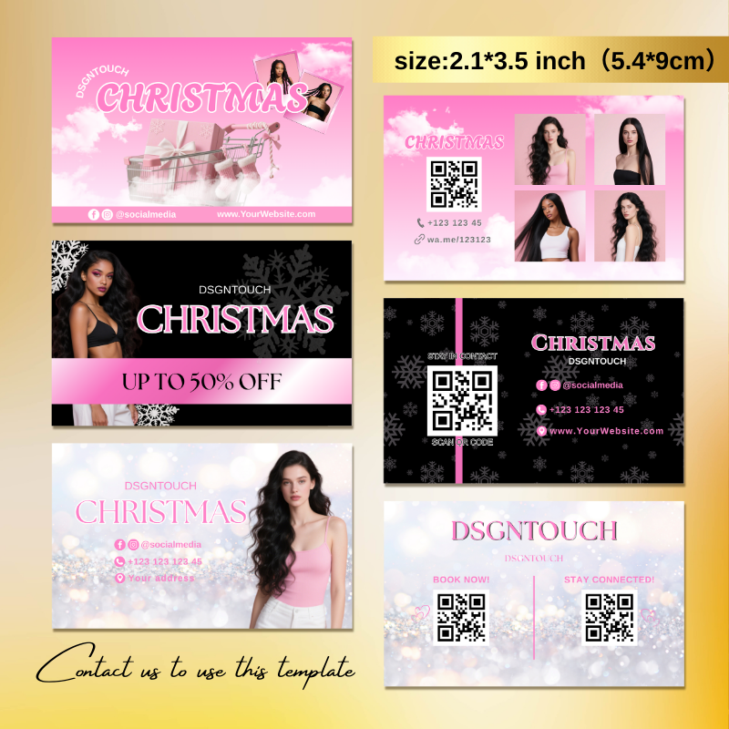 A elegant stack of premium Christmas business cards for hair salons, printed on 300g cardstock with a vibrant double-sided glossy finish