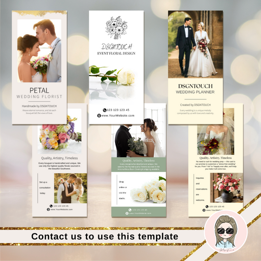 Collection of printed wedding card templates by DSGNTOUCH featuring floral designs and contact details.