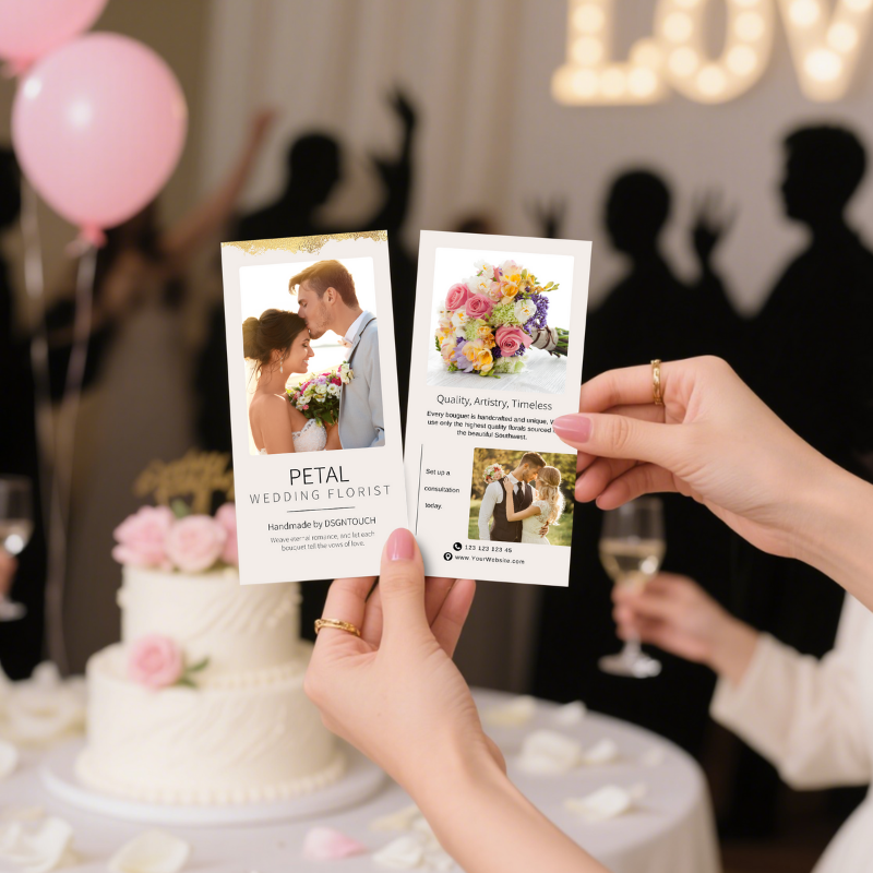 Printed wedding card featuring floral design and wedding couple, showcased at a reception by DSGNTOUCH.