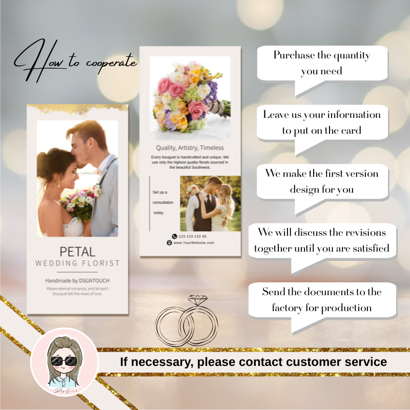Printed wedding card design process and cooperation steps by DSGNTOUCH, featuring floral arrangements and romance.