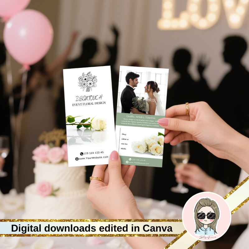 A stack of beautifully printed wedding postcards, created using the DSGNTOUCH digital template for Canva.
