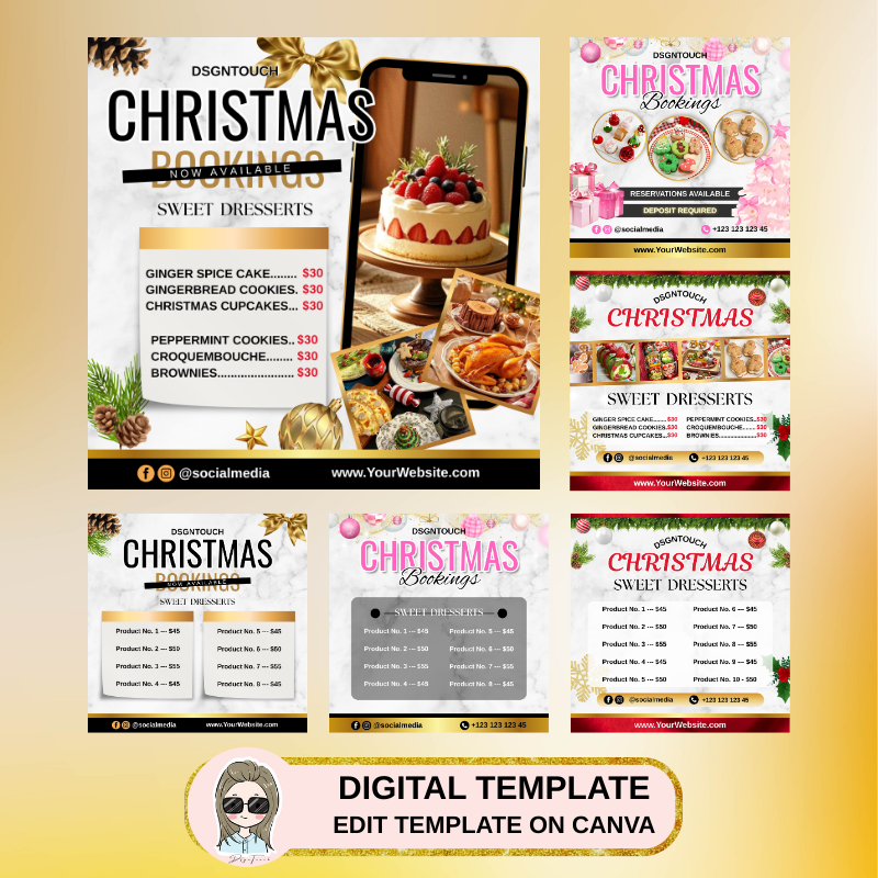 Front view of the square Christmas bakery card template, showcasing the classic red and green color scheme and a fully editable menu for gingerbread cookies, cupcakes, and other desserts.