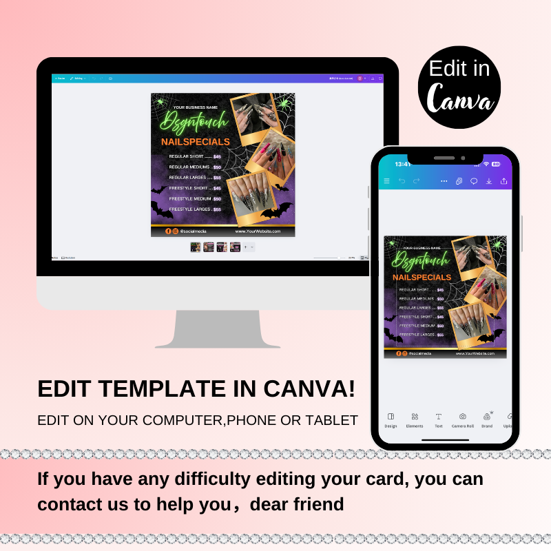 Diagram showing how the digital Halloween flyer template can be resized from its default 9x9cm dimensions to fit various promotional needs