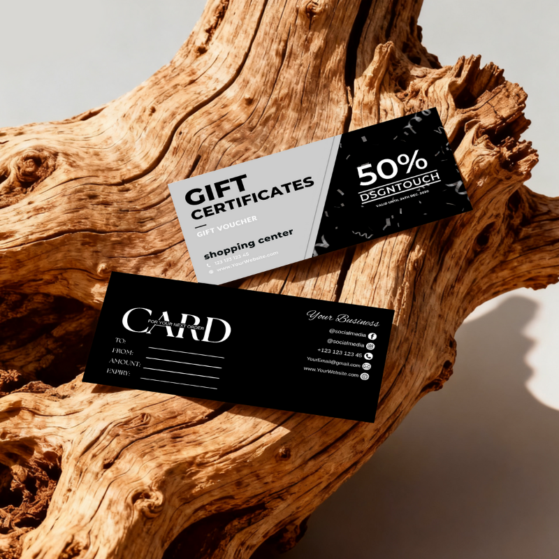The salon gift card beautifully displayed on a reception counter in a modern hair salon.