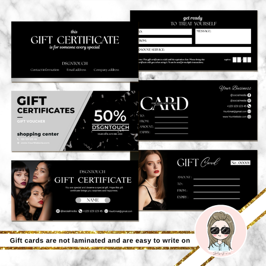 Front view of the minimalist black and white salon gift card on premium 300g uncoated paper.