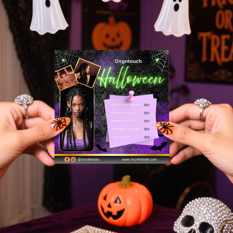 Salon marketing cards with Halloween theme featuring free design service for hair professionals
