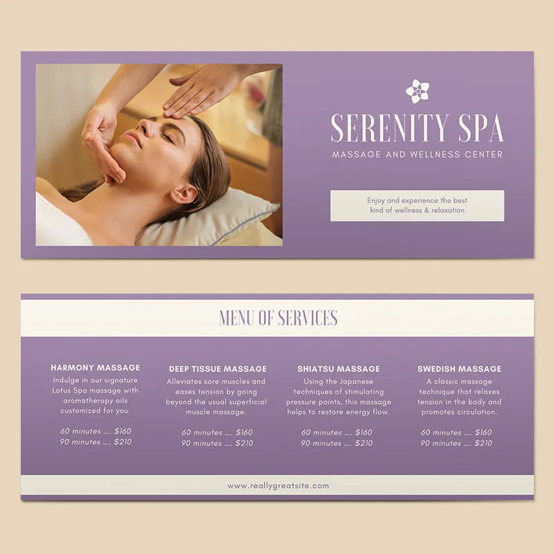 Serenity Spa service menu template (purple & cream design): includes a wellness center intro + massage service listings (60/90-minute pricing) and website details.