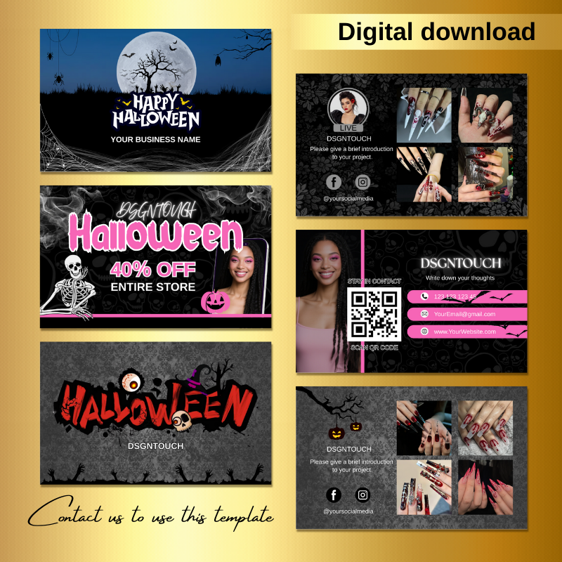 Detail of the spooky Halloween-themed design elements and editable text fields on the custom business card for nail artists.