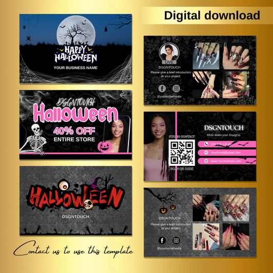 Detail of the spooky Halloween-themed design elements and editable text fields on the custom business card for nail artists.