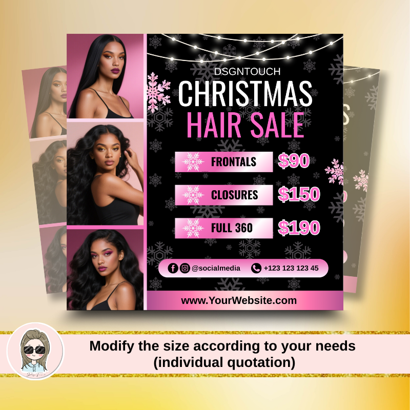 Close-up showing the exact dimensions (9.4x9.4cm) of DSGNTOUCH's square Christmas business cards for salons, with size customization options.