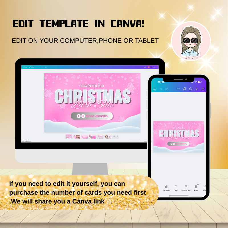 DSGNTOUCH's Christmas business card for lash artists shown in hand for scale - standard professional size of 9cm by 5.4cm