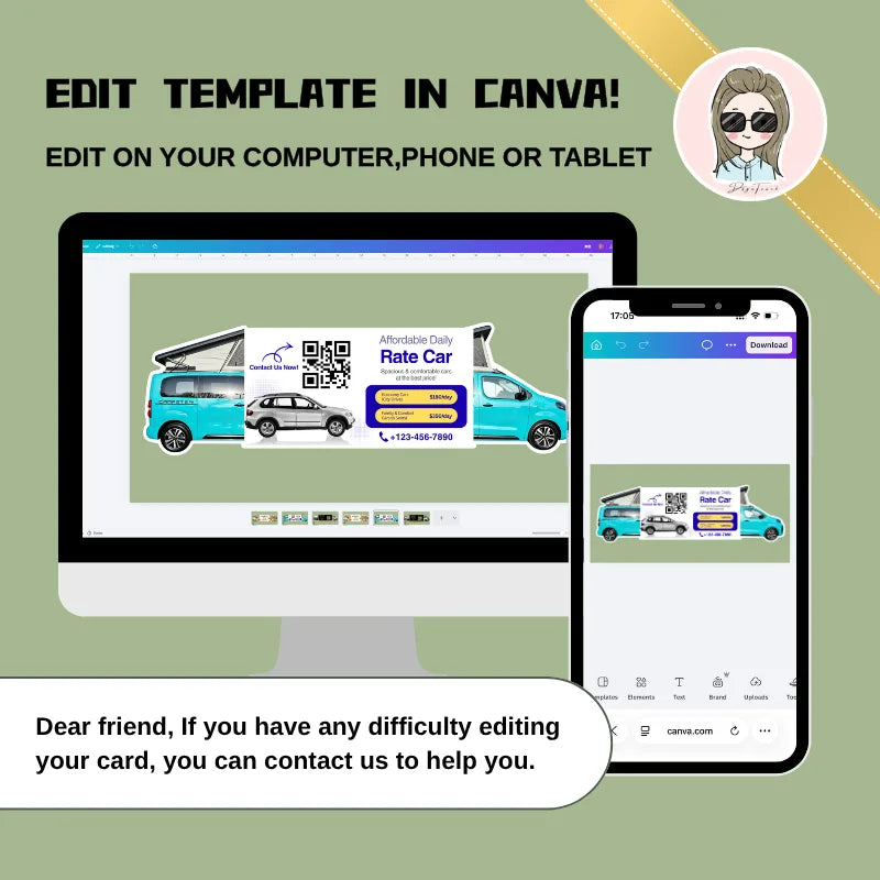 Vehicle business card template with a turquoise campervan design displayed in Canva on a desktop computer and smartphone.