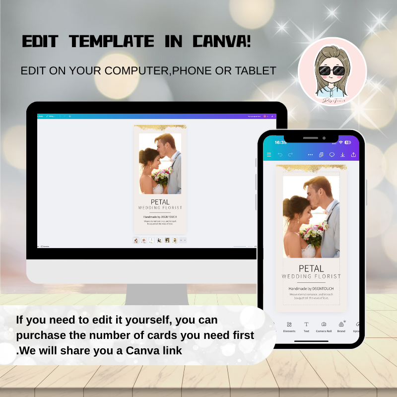 Edit printed wedding card template in Canva on computer and phone for customizable design options.