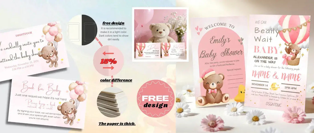 Baby Shower Invitations with pink clouds and little bears, free designs for a girl's celebration.